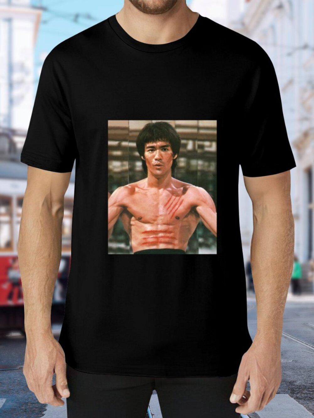 Black Short Sleeve Graphic Tee with Martial Arts Photo